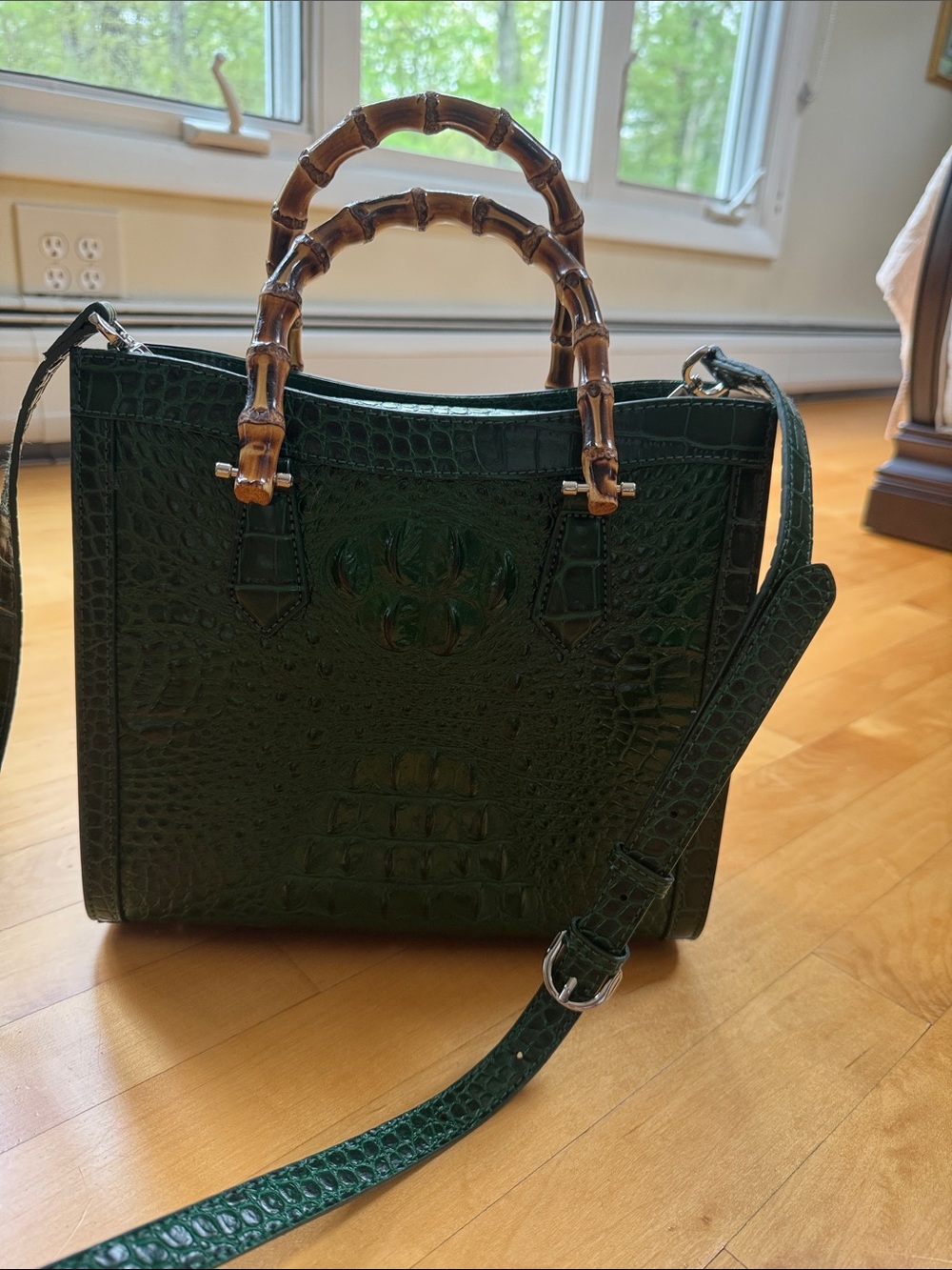 Dark Green Croc-Embossed Bamboo-Handle Satchel. Beautiful bag. Perfect condition